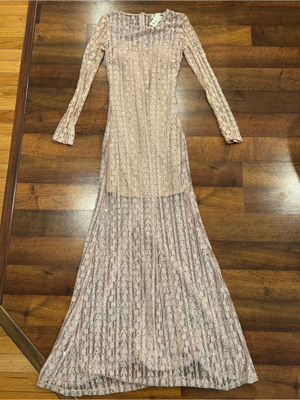 NWT Vintage Gown Lace Sheer Sequins Long Sleeves Pink Size Small Dress Formal